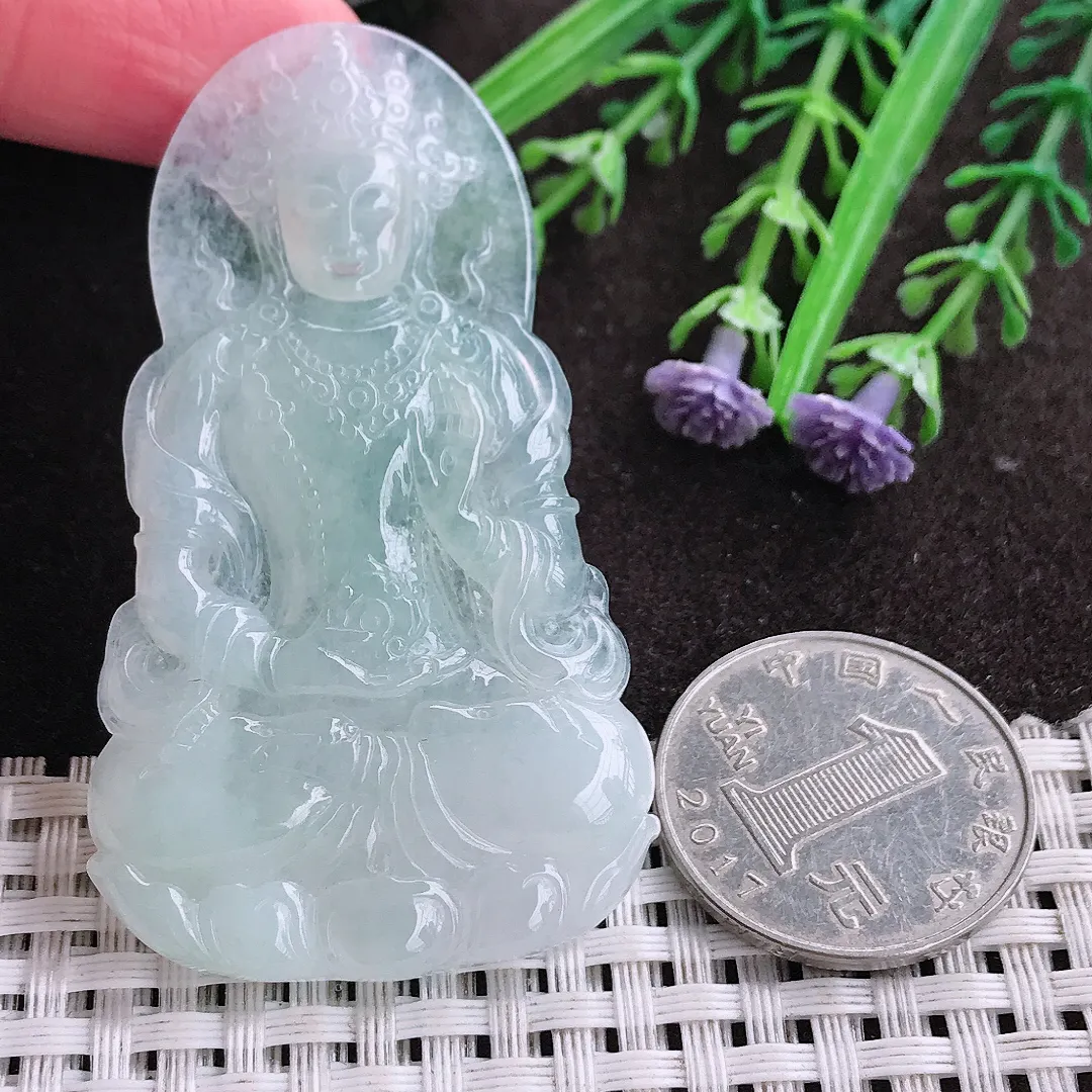 实拍A货翡翠62.6/36.9/4.8老坑冰纯起胶冰晴度母菩萨吊坠翡翠挂件