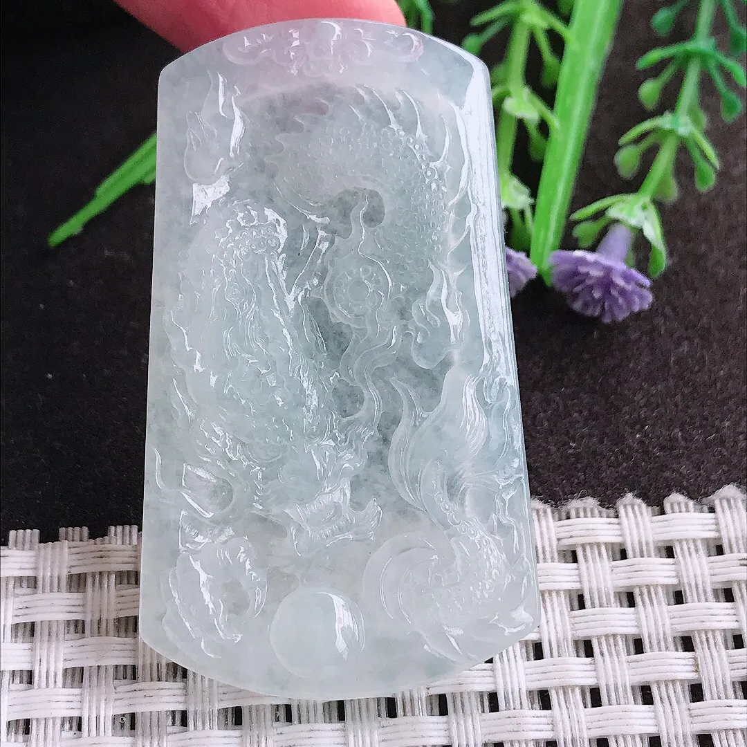 实拍A货翡翠53.6/31.5/5.3老坑冰透起胶龙牌吊坠翡翠挂件