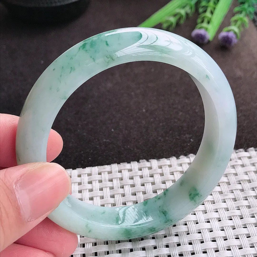 实拍A货翡翠56.5/13/8.6老坑精美冰润飘花手镯宽边翡翠玉镯女款