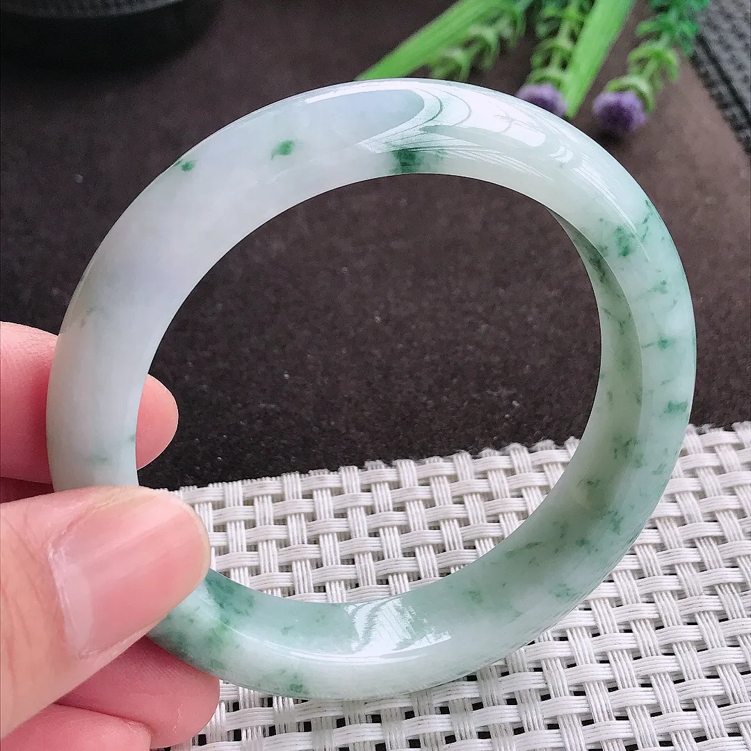 实拍A货翡翠56.5/13/8.6老坑精美冰润飘花手镯宽边翡翠玉镯女款