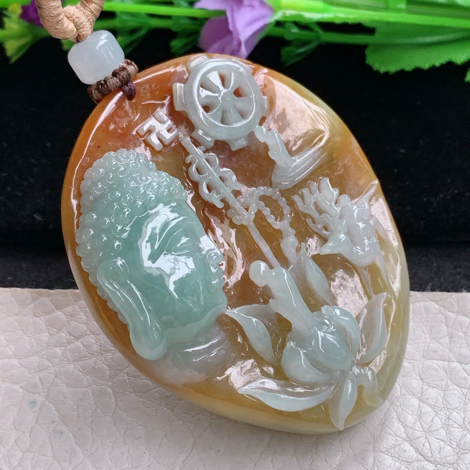 csy实拍59.5*48.8*13.8缅甸翡翠特色巧雕花开见佛 佛祖玉吊坠 玉挂坠