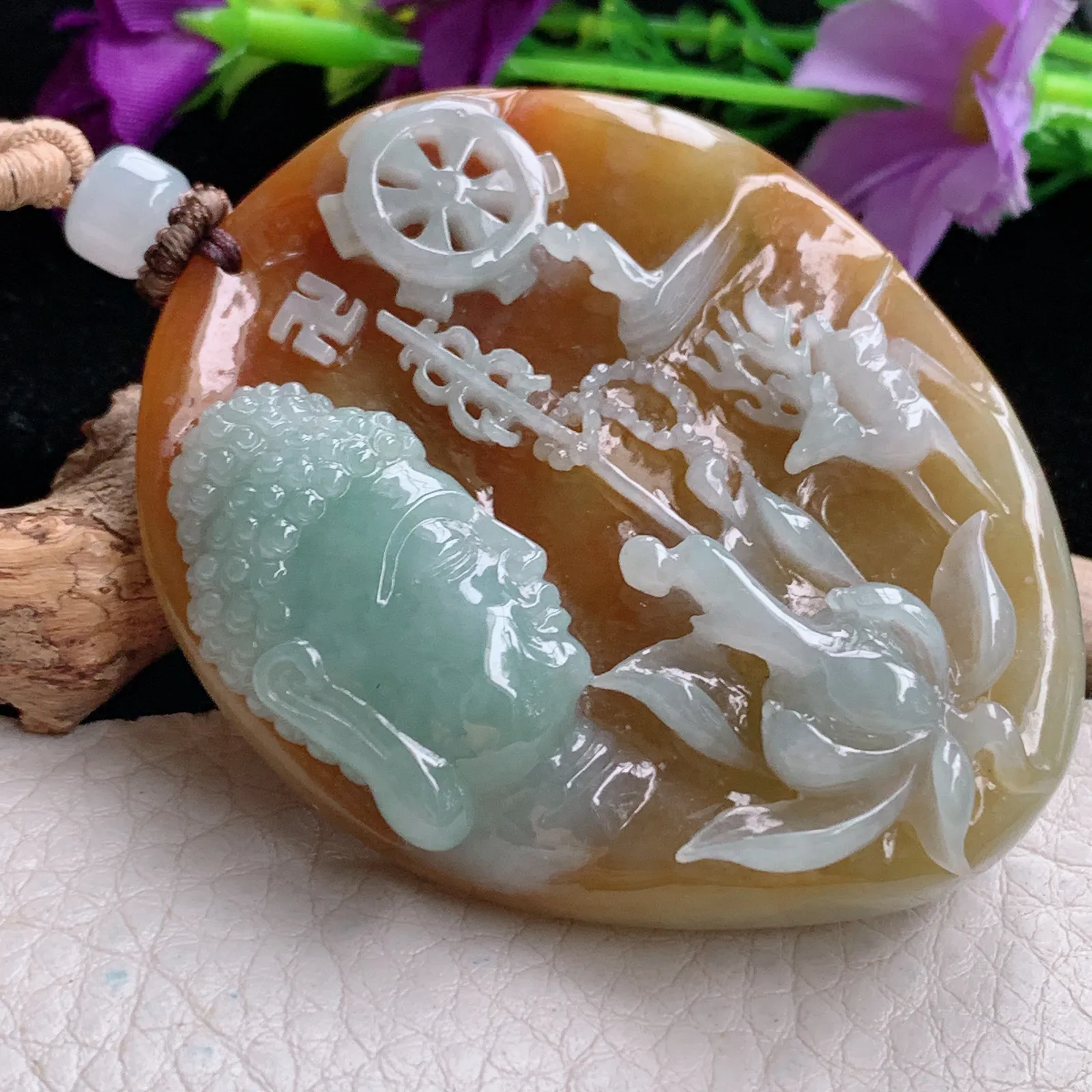 csy实拍59.5*48.8*13.8缅甸翡翠特色巧雕花开见佛 佛祖玉吊坠 玉挂坠