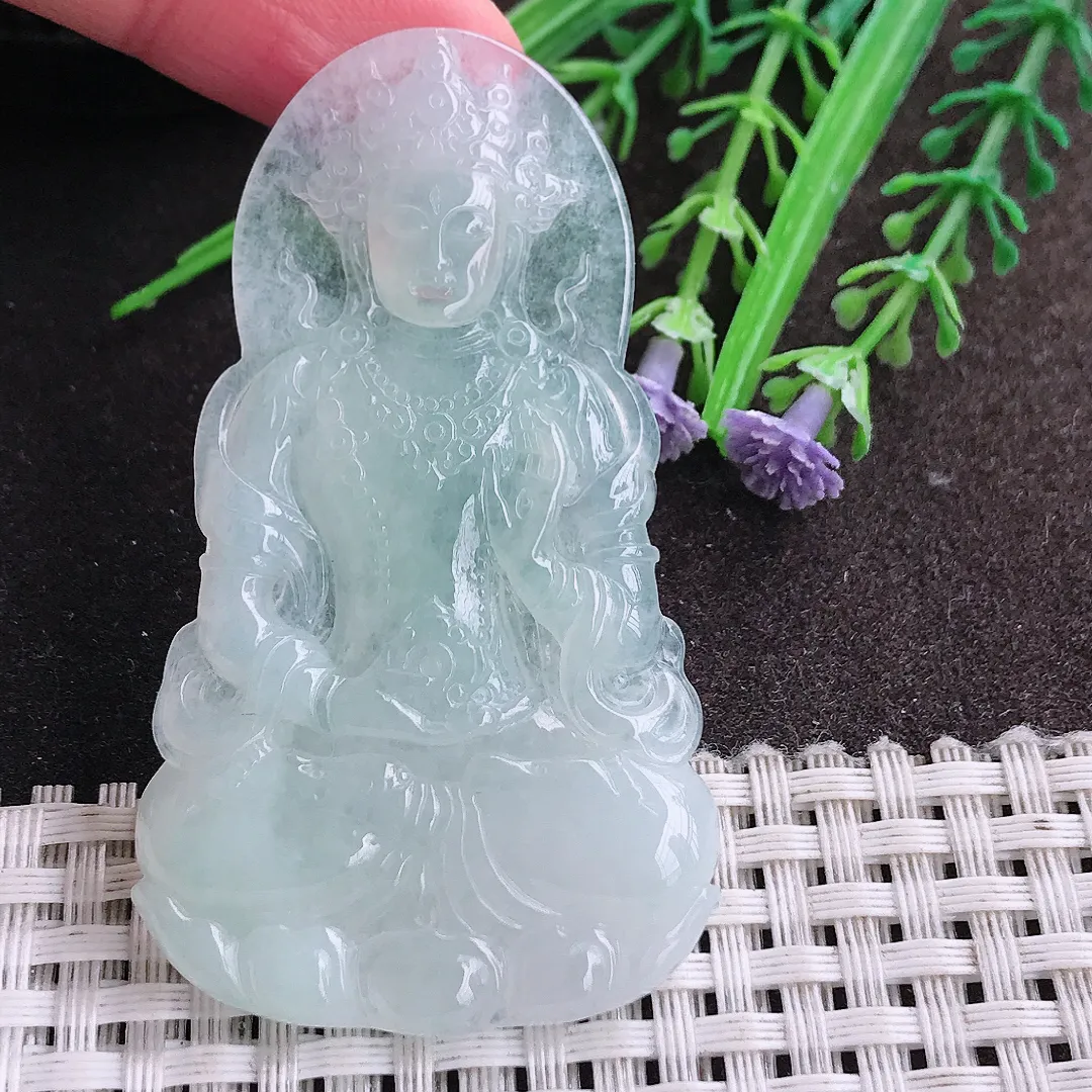 实拍A货翡翠62.6/36.9/4.8老坑冰纯起胶冰晴度母菩萨吊坠翡翠挂件