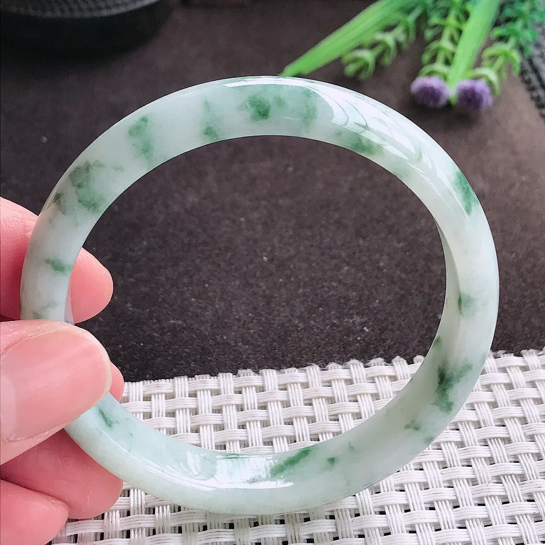 实拍A货翡翠58/12/7老坑精美温润特色飘花手镯宽边翡翠玉镯女款
