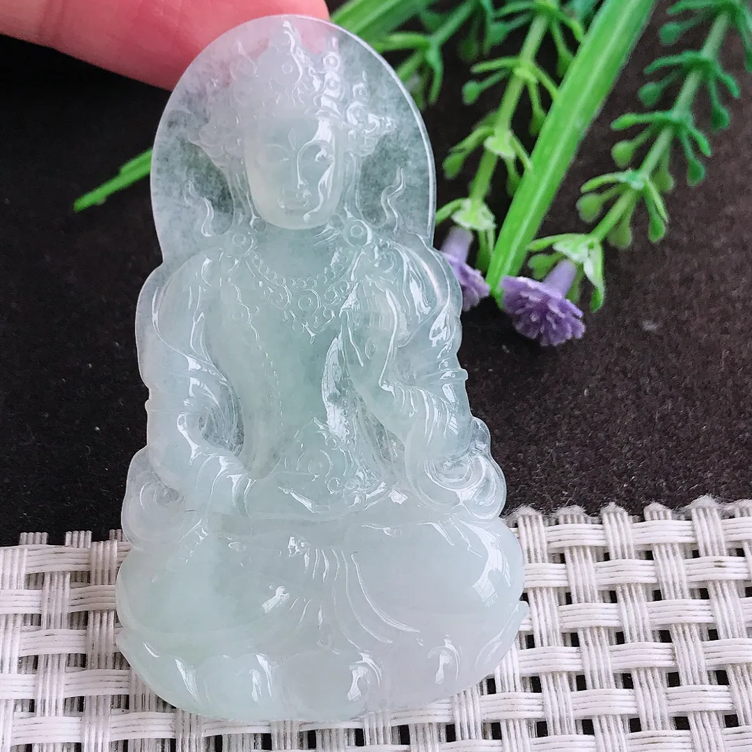 实拍A货翡翠62.6/36.9/4.8老坑冰纯起胶冰晴度母菩萨吊坠翡翠挂件
