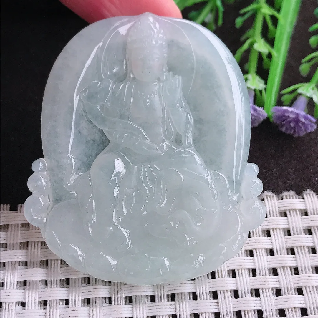 实拍A货翡翠53/47/5.5老坑冰透起胶普贤菩萨吊坠翡翠挂件