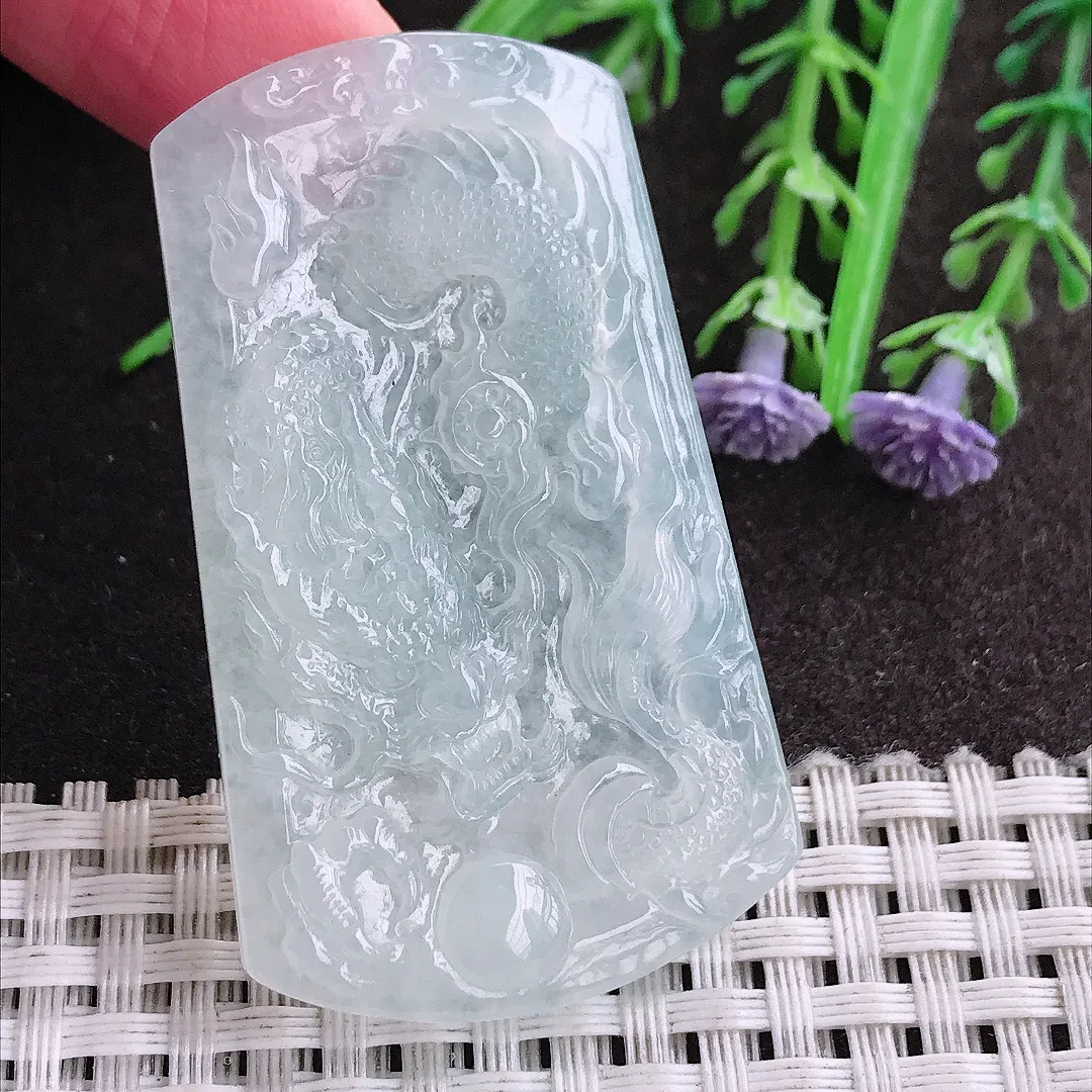 实拍A货翡翠53.6/31.5/5.3老坑冰透起胶龙牌吊坠翡翠挂件