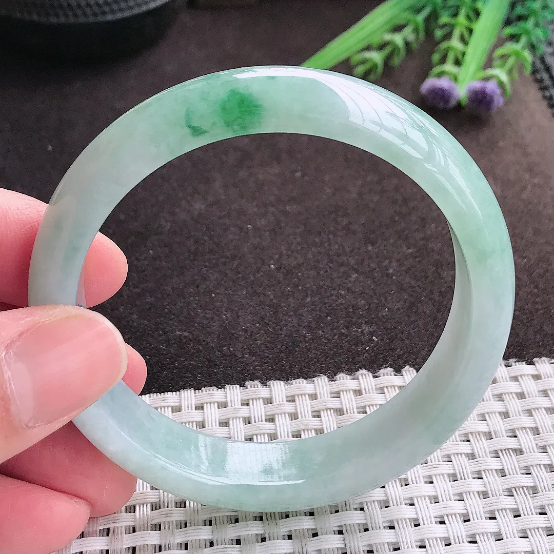 实拍A货翡翠57.5/14/7.6老坑冰润飘花手镯宽边翡翠玉镯女款