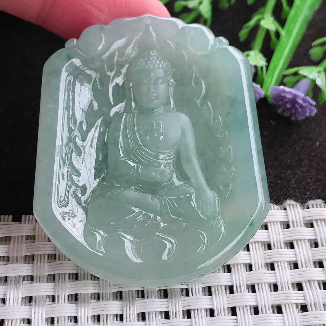 实拍A货翡翠49.8/44/5.3老坑冰胶水灵冰晴绿阿弥陀佛吊坠翡翠挂件