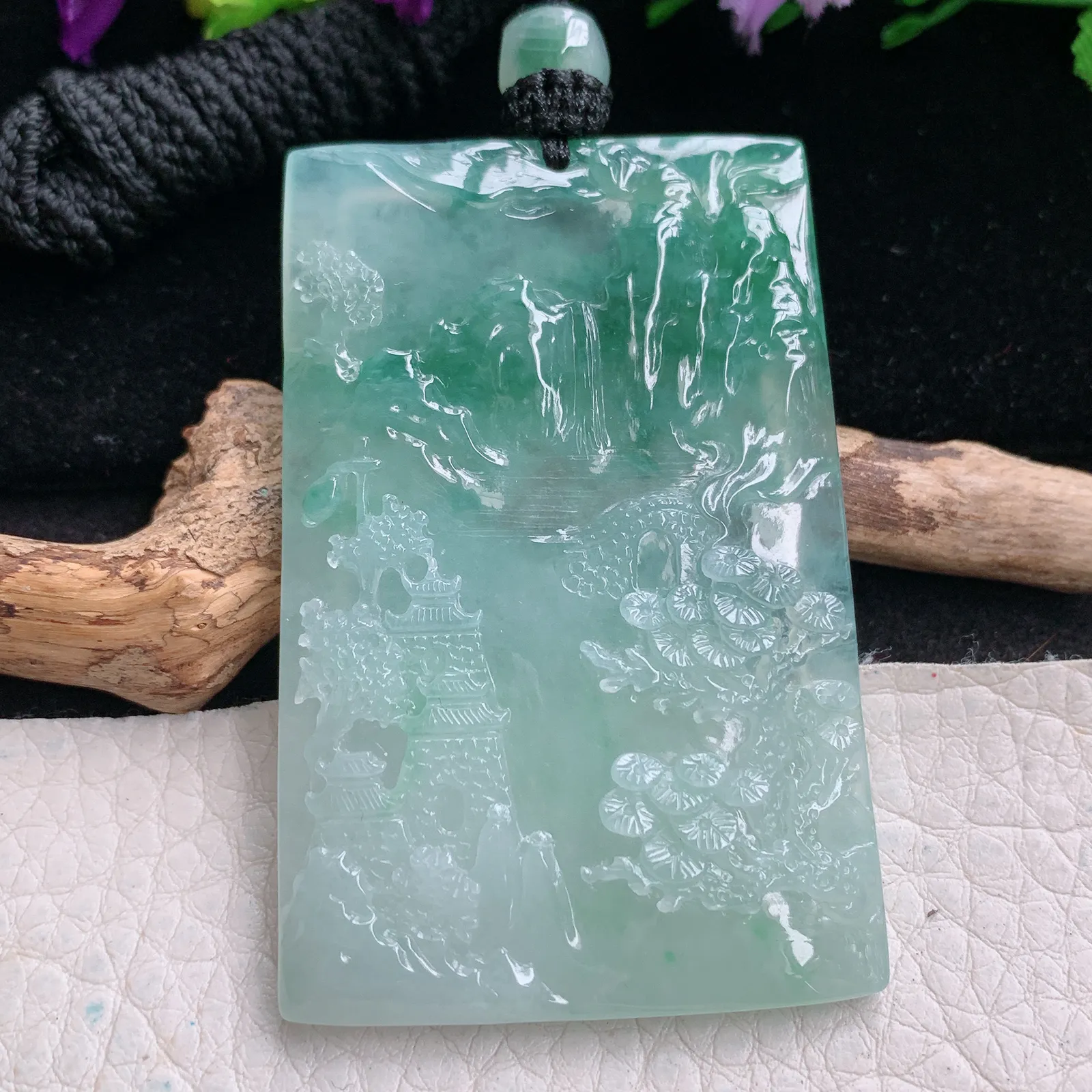 csy实拍59.3*38.8*5.6缅甸翡翠精雕冰飘绿山水 大好河山玉吊坠 玉挂坠