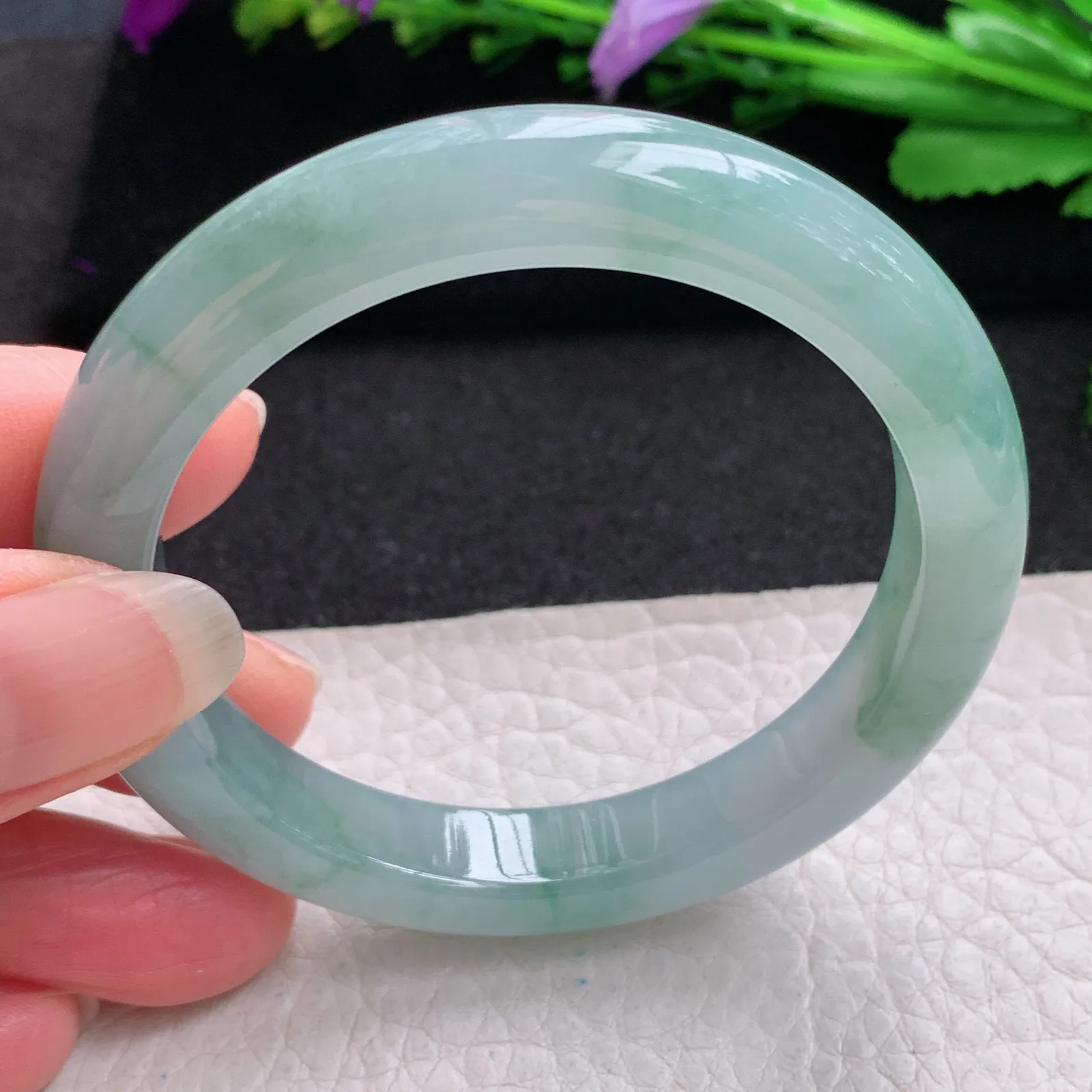 yh小圈口52.6*10*8平安镯 缅甸翡翠精美冰胶秀气宽边玉手镯 玉手环