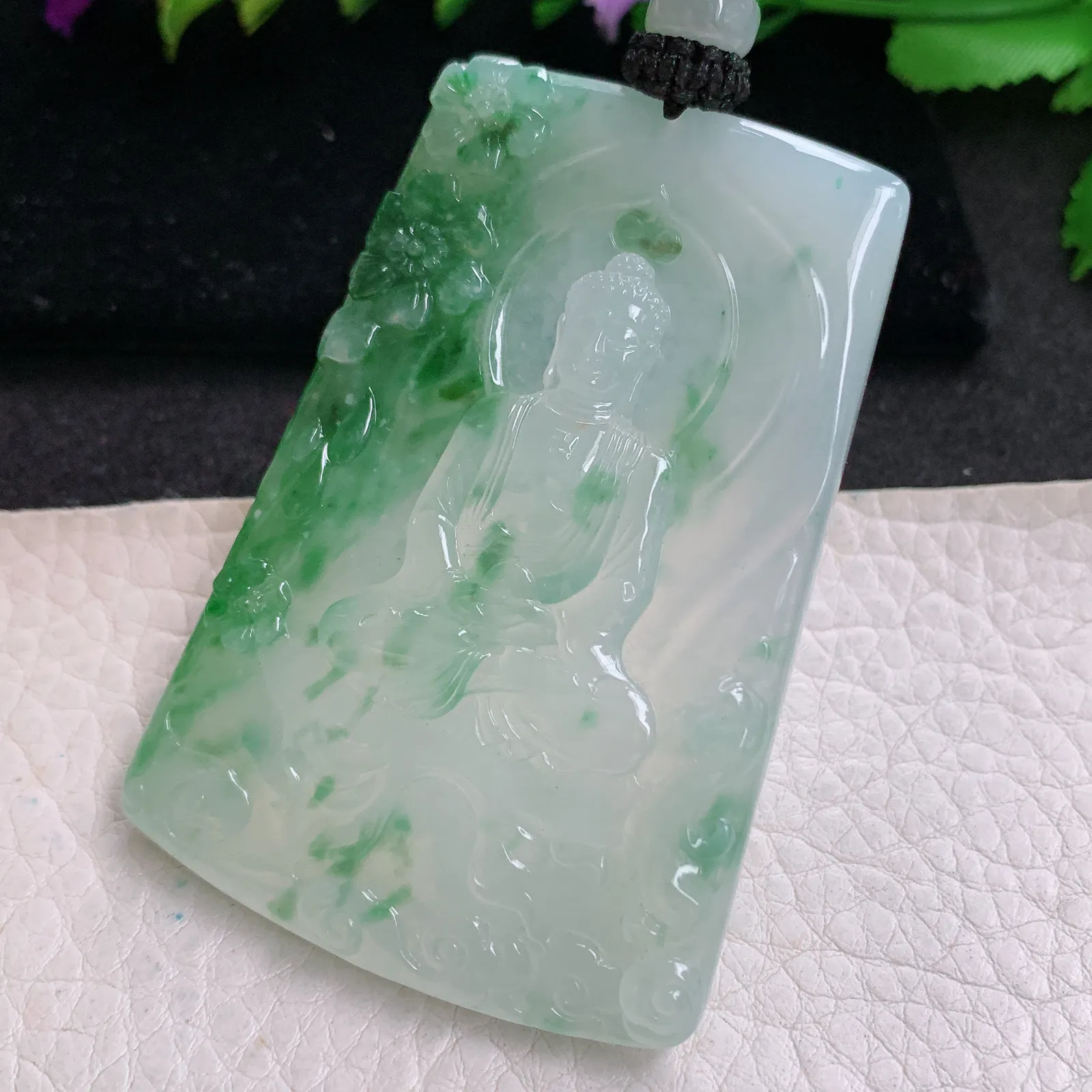 yl实拍63*43*6.5缅甸翡翠精雕冰飘绿花大日如来 花开见佛玉吊坠 玉挂坠