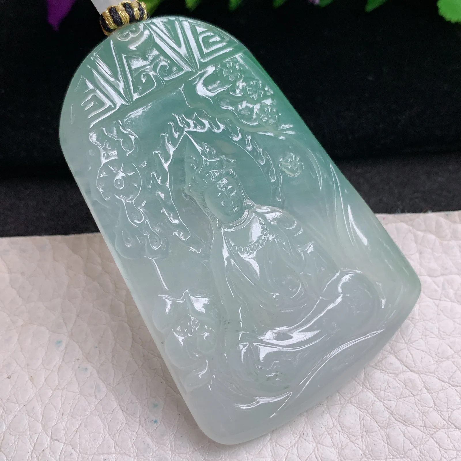 yl实拍63.3*43.5*5.2缅甸翡翠精雕冰晴持莲观音 玉观音玉吊坠 玉挂坠