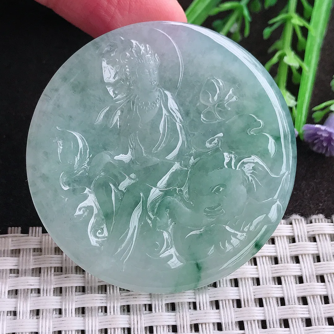 实拍A货翡翠49.8/4.7老坑冰胶果冻冰晴飘花普贤菩萨吊坠翡翠挂件