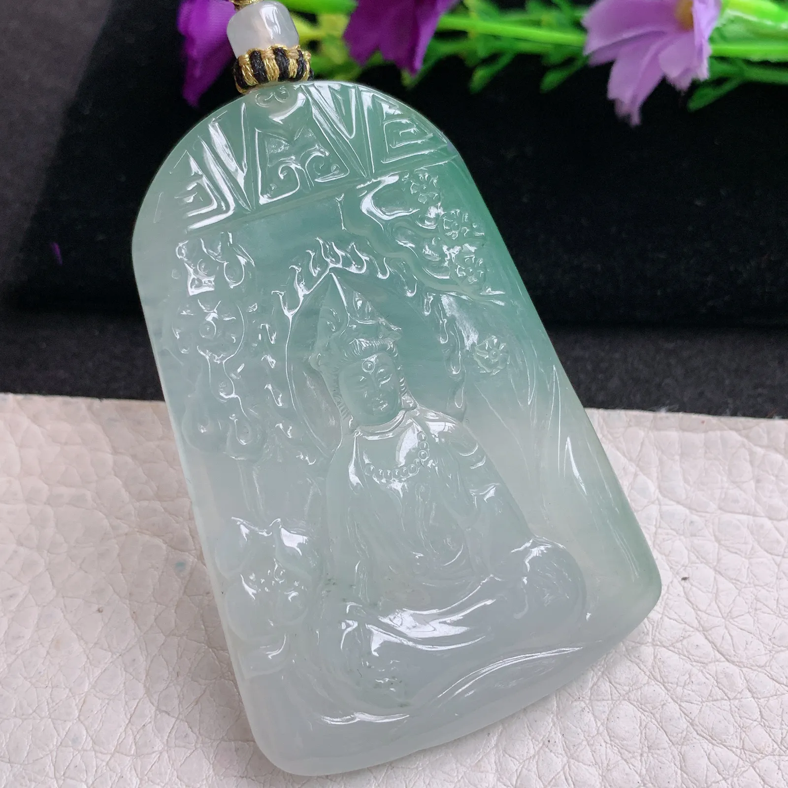 yl实拍63.3*43.5*5.2缅甸翡翠精雕冰晴持莲观音 玉观音玉吊坠 玉挂坠