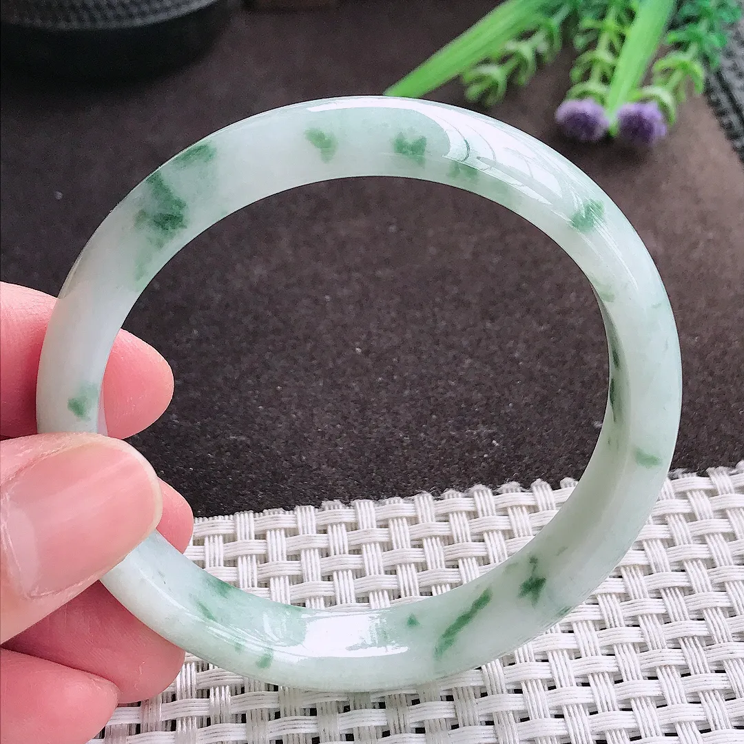 实拍A货翡翠58/12/7老坑精美温润特色飘花手镯宽边翡翠玉镯女款