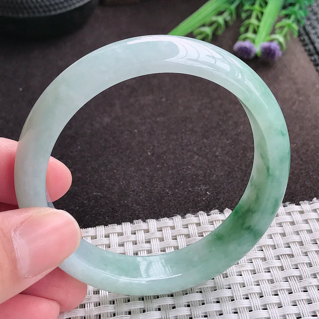 实拍A货翡翠57.5/14/7.6老坑冰润飘花手镯宽边翡翠玉镯女款