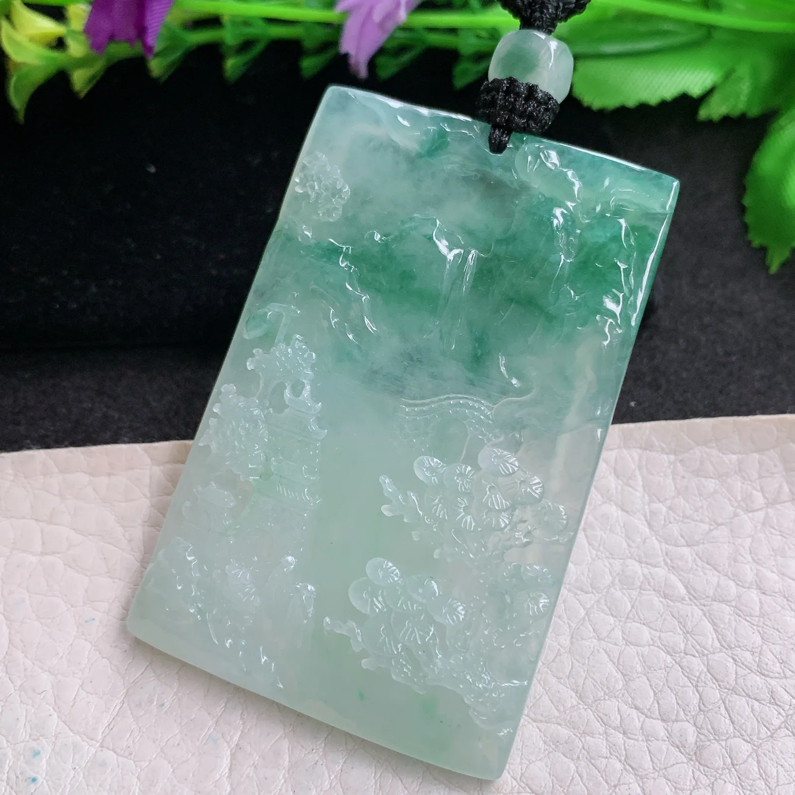 csy实拍59.3*38.8*5.6缅甸翡翠精雕冰飘绿山水 大好河山玉吊坠 玉挂坠