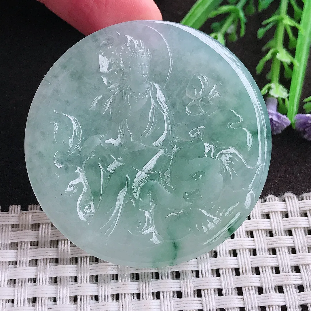 实拍A货翡翠49.8/4.7老坑冰胶果冻冰晴飘花普贤菩萨吊坠翡翠挂件