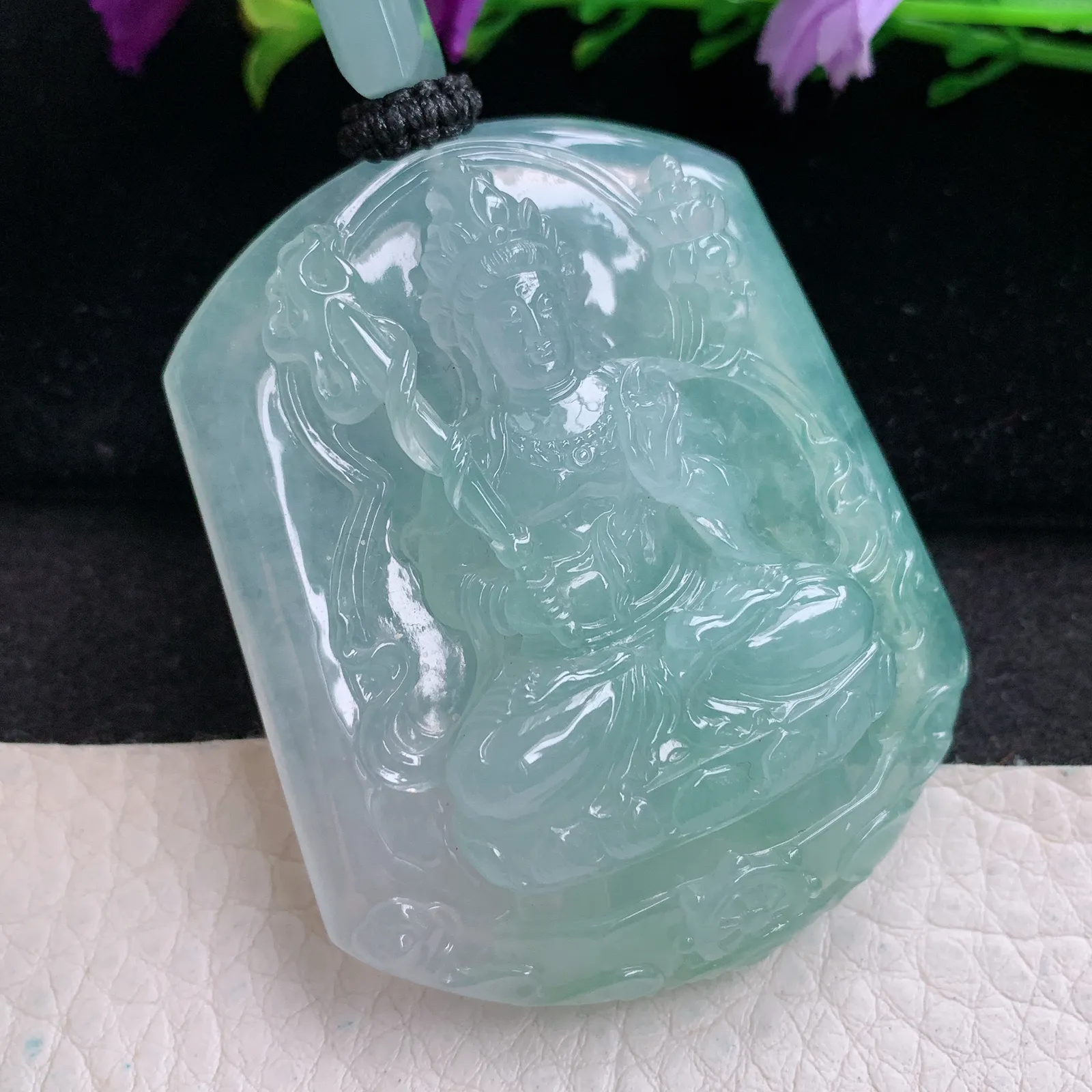 yl实拍56.4*47*11.8缅甸翡翠精雕冰绿虚空藏 生肖守护神玉吊坠 玉挂坠