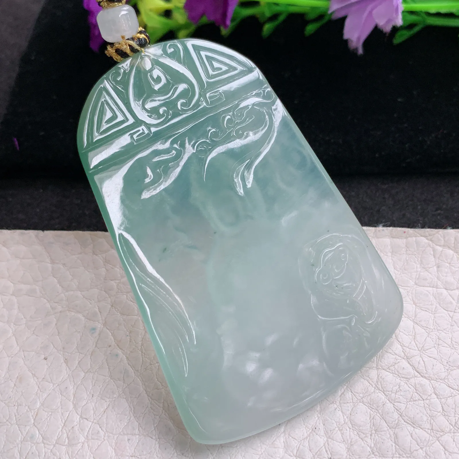 yl实拍63.3*43.5*5.2缅甸翡翠精雕冰晴持莲观音 玉观音玉吊坠 玉挂坠