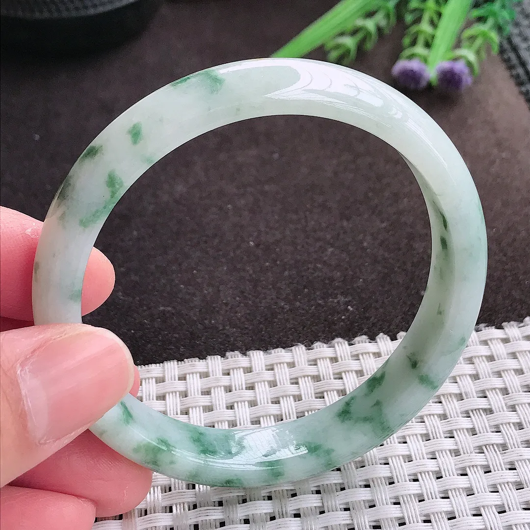 实拍A货翡翠58/12/7老坑精美温润特色飘花手镯宽边翡翠玉镯女款