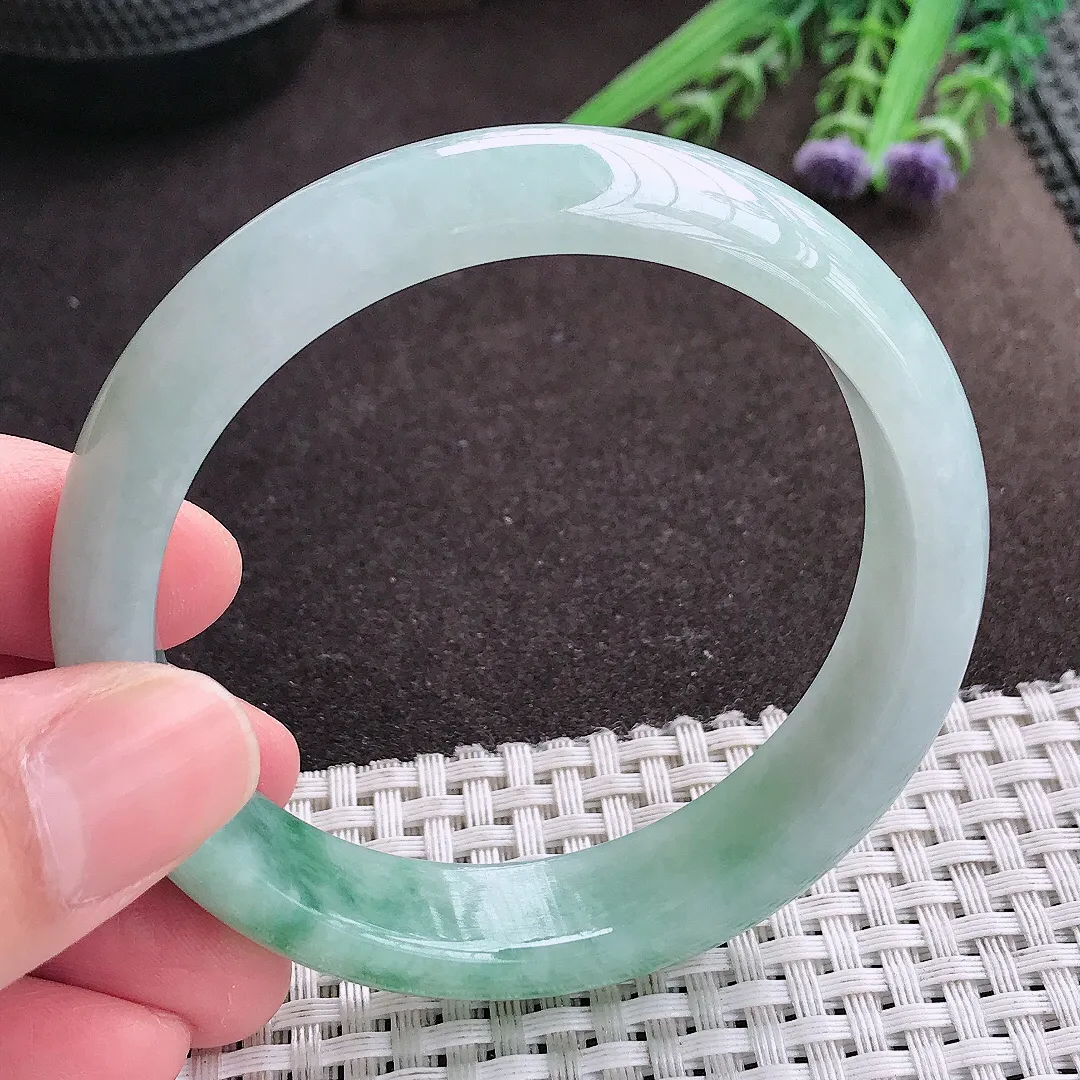 实拍A货翡翠57.5/14/7.6老坑冰润飘花手镯宽边翡翠玉镯女款