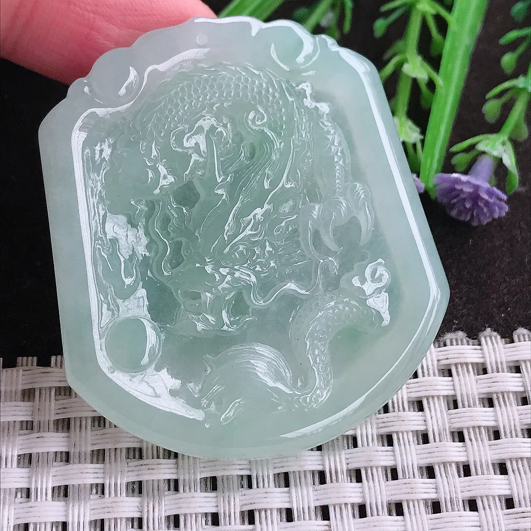 实拍A货翡翠50.8/45/5.2老坑冰胶果冻冰晴绿龙牌吊坠翡翠挂件