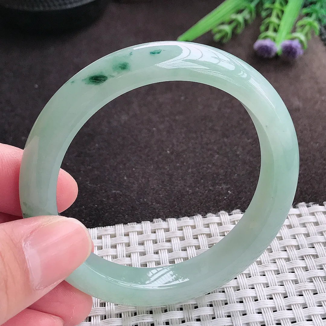 实拍A货翡翠55/10.7/8.5老坑冰胶果冻冰晴飘花手镯宽边翡翠玉镯女款