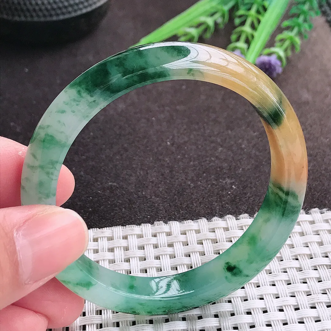 实拍A货翡翠54/10.4/7.3老坑冰胶水灵福禄寿三彩手镯宽边翡翠玉镯女款