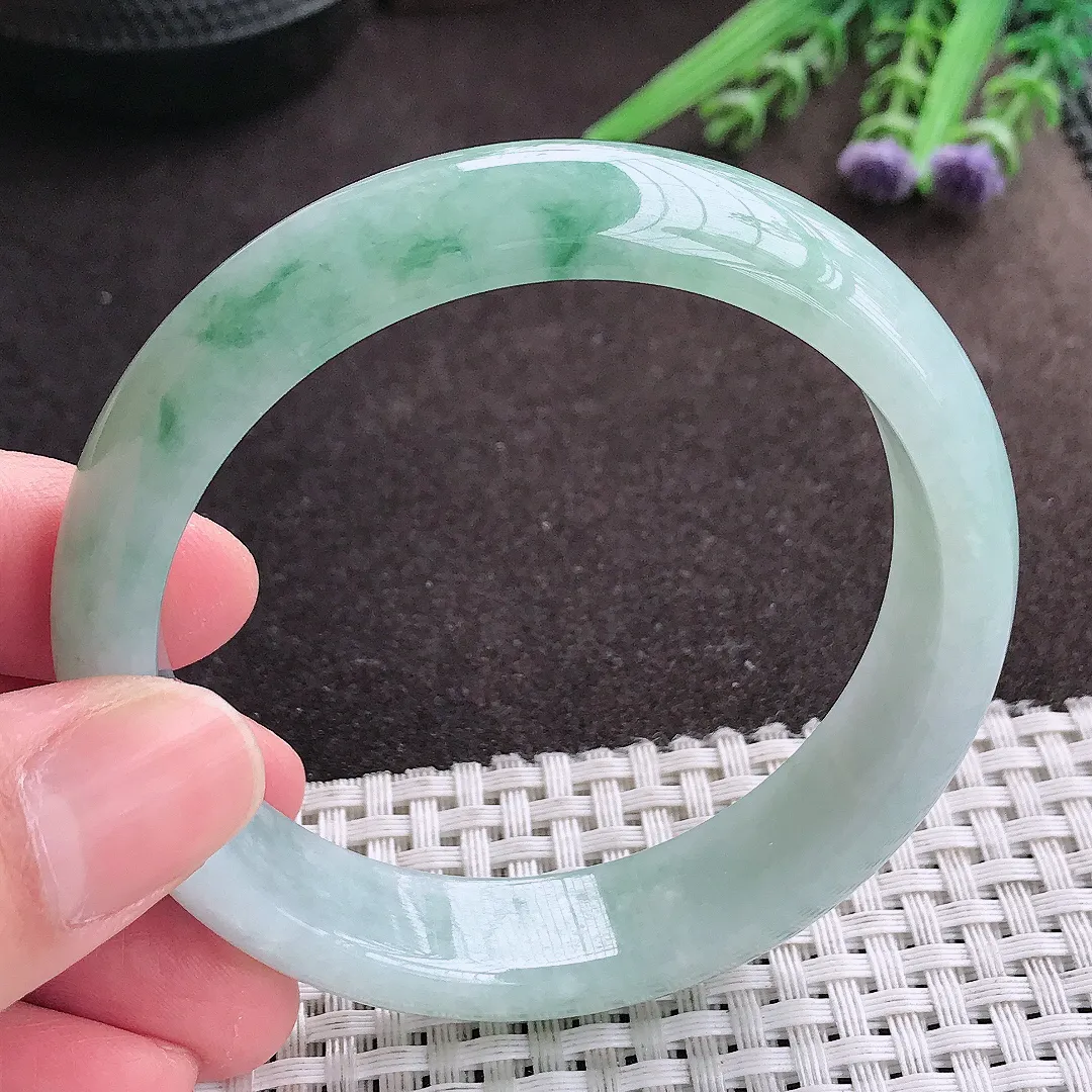 实拍A货翡翠57.5/14/7.6老坑冰润飘花手镯宽边翡翠玉镯女款