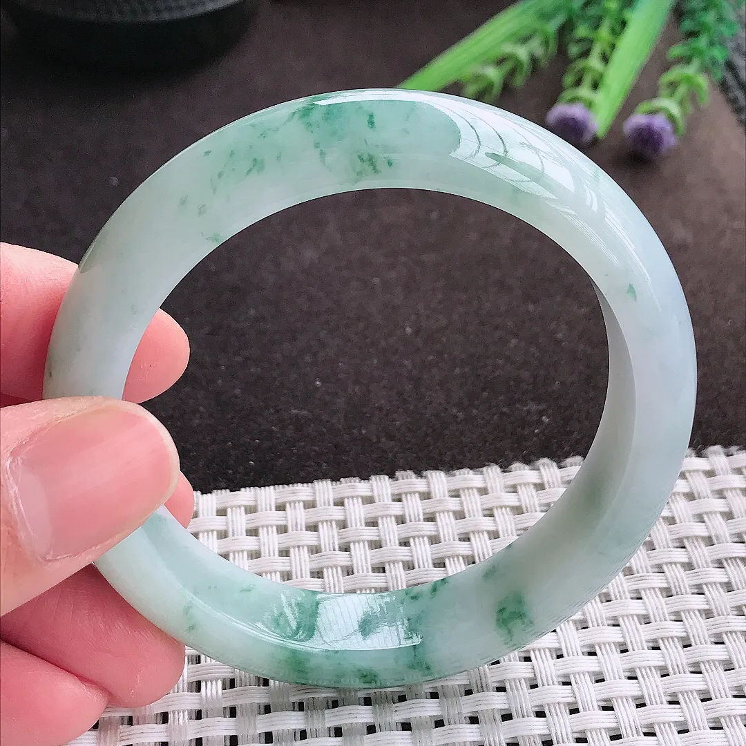 实拍A货翡翠56.5/13/8.6老坑精美冰润飘花手镯宽边翡翠玉镯女款