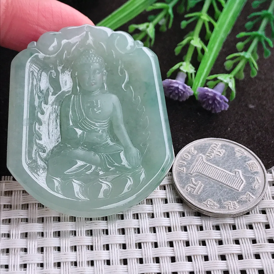 实拍A货翡翠49.8/44/5.3老坑冰胶水灵冰晴绿阿弥陀佛吊坠翡翠挂件