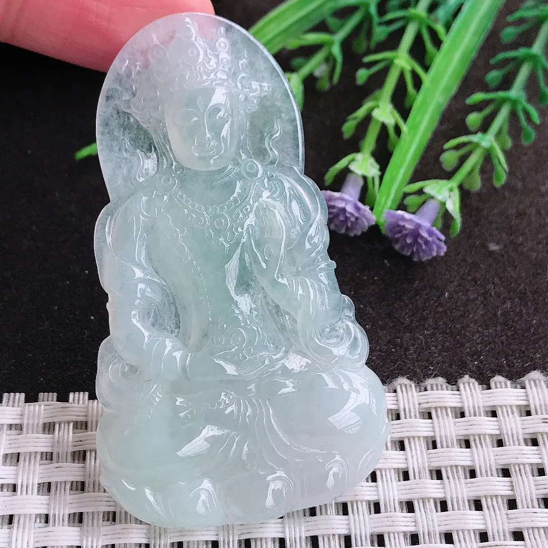 实拍A货翡翠62.6/36.9/4.8老坑冰纯起胶冰晴度母菩萨吊坠翡翠挂件