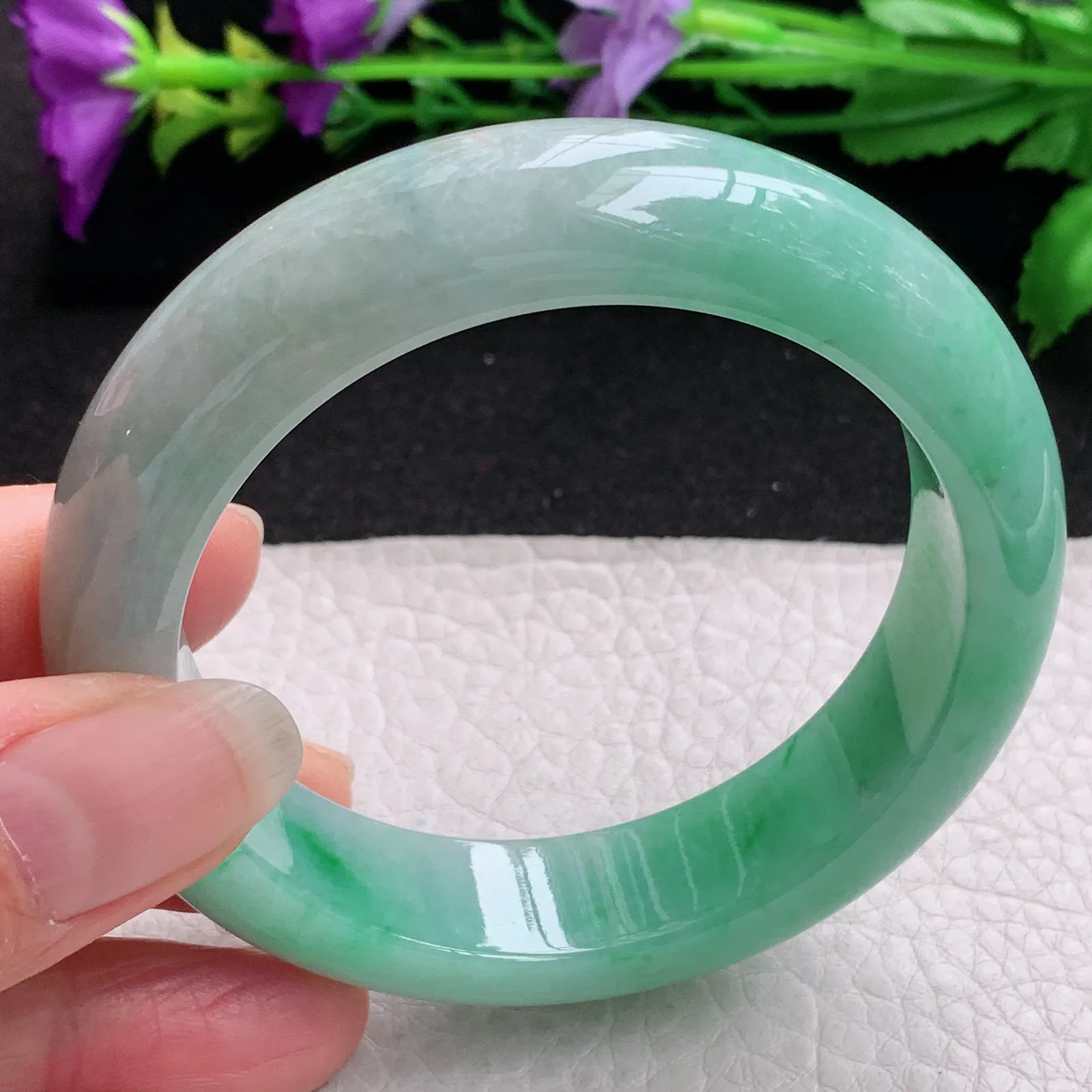 ll实拍55.5*14.8*9.3平安镯 缅甸翡翠精美飘绿厚装宽边玉手镯 玉手环