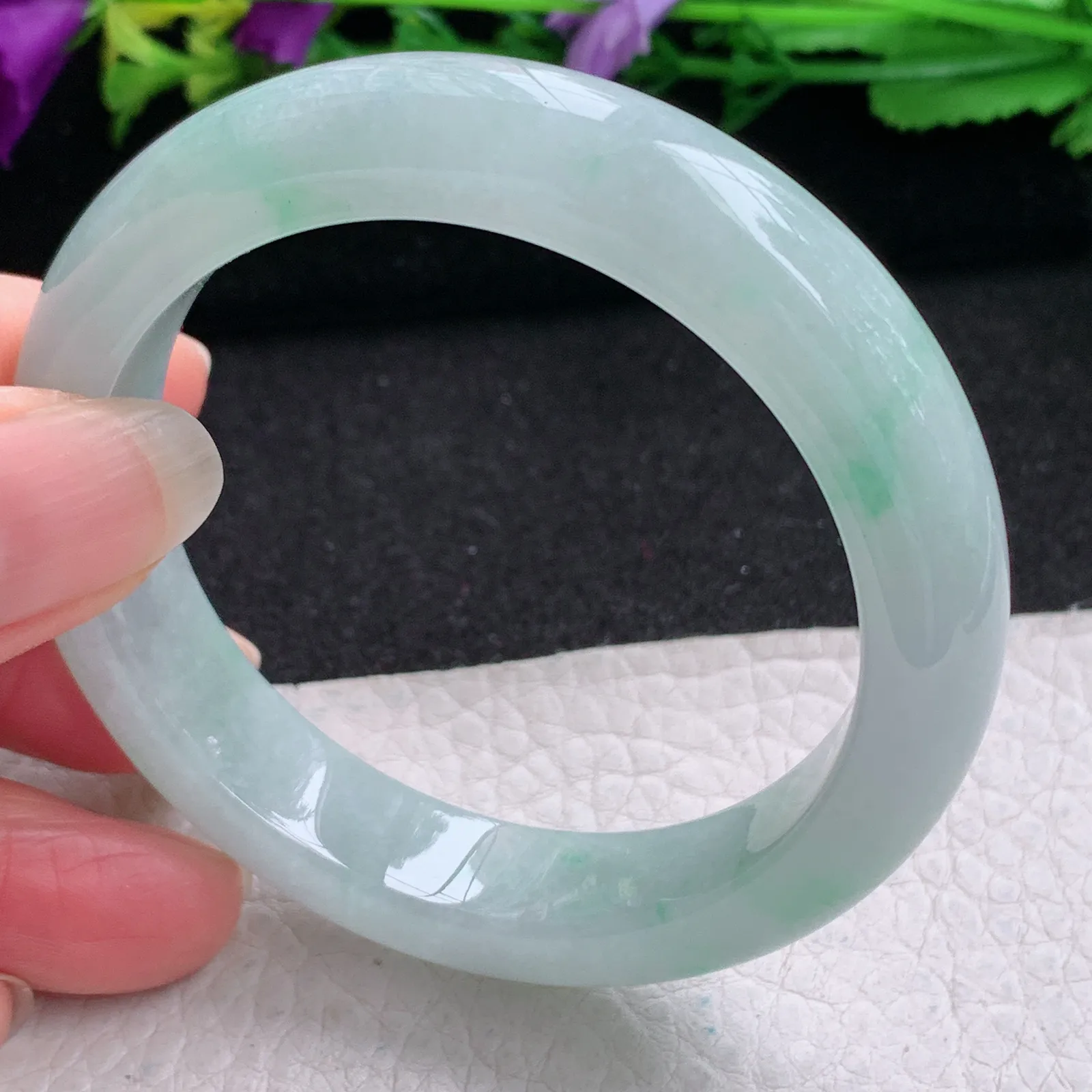 z小圈口52*12.5*8.5平安镯 缅甸翡翠精美冰飘花清爽宽边玉手镯 玉手环