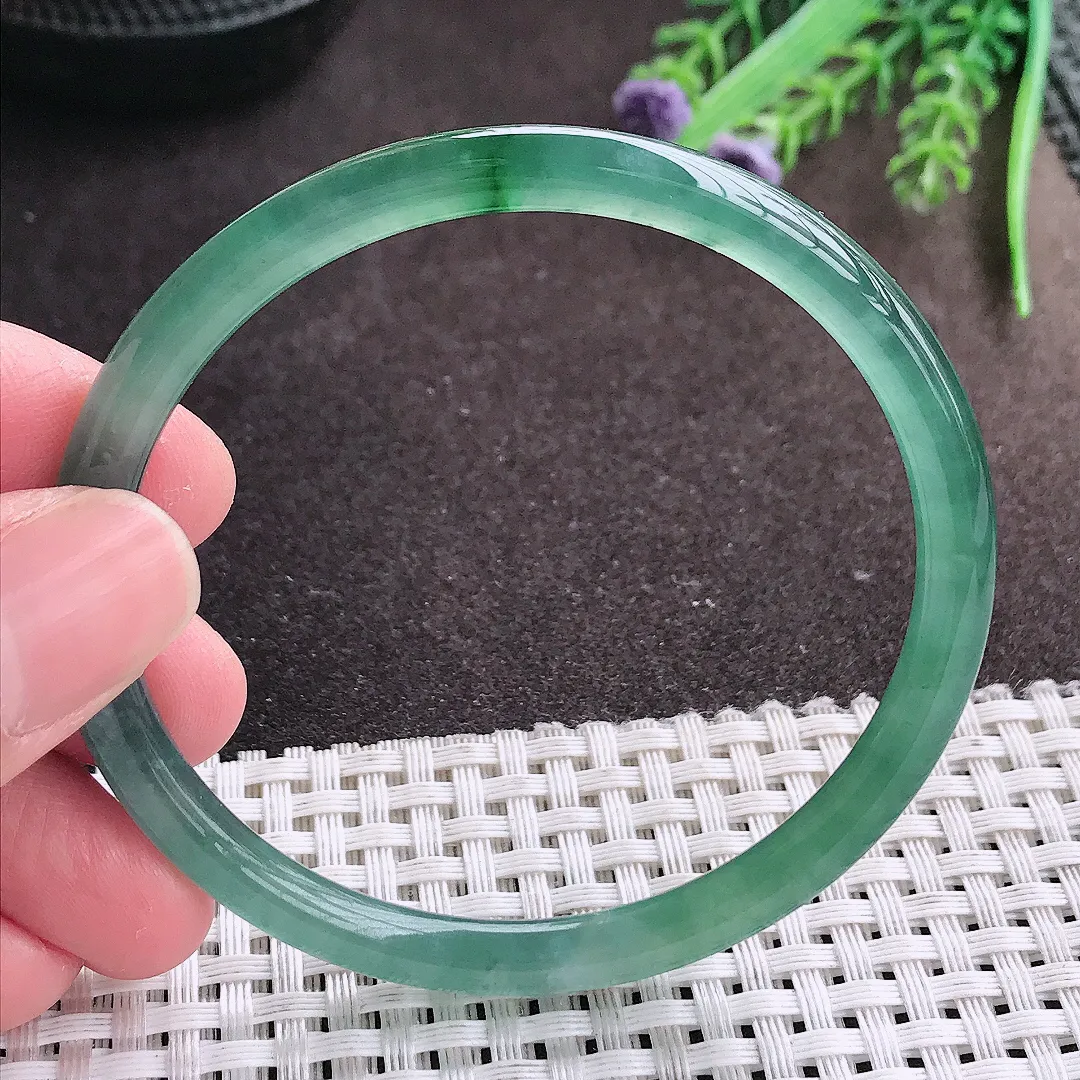 实拍A货翡翠58/5.8老坑冰胶水灵满色蓝韵手镯圆条翡翠玉镯叮当镯