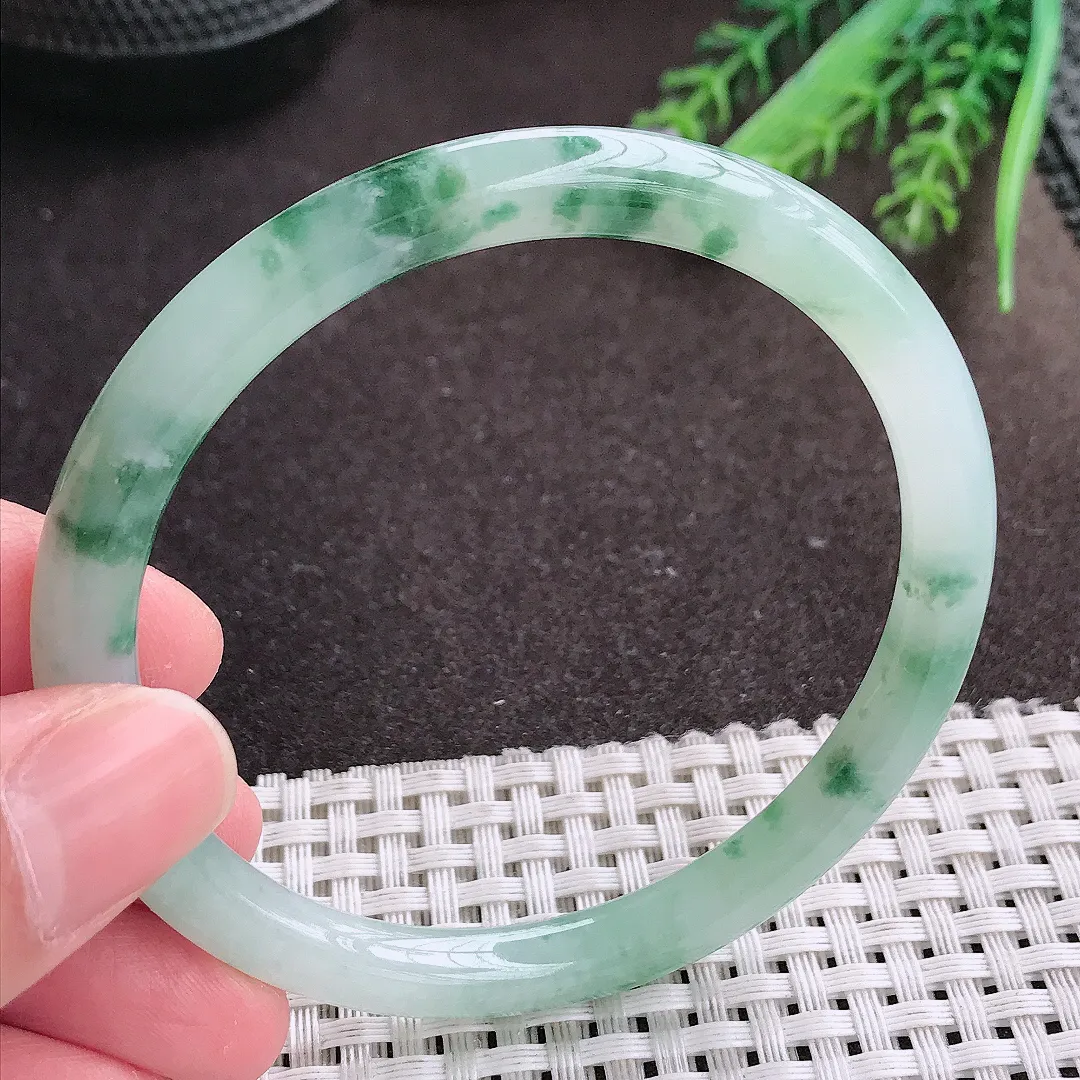 实拍A货翡翠58.5/6.8/7.2老坑冰润起胶飘花细条手镯翡翠叮当镯玉镯