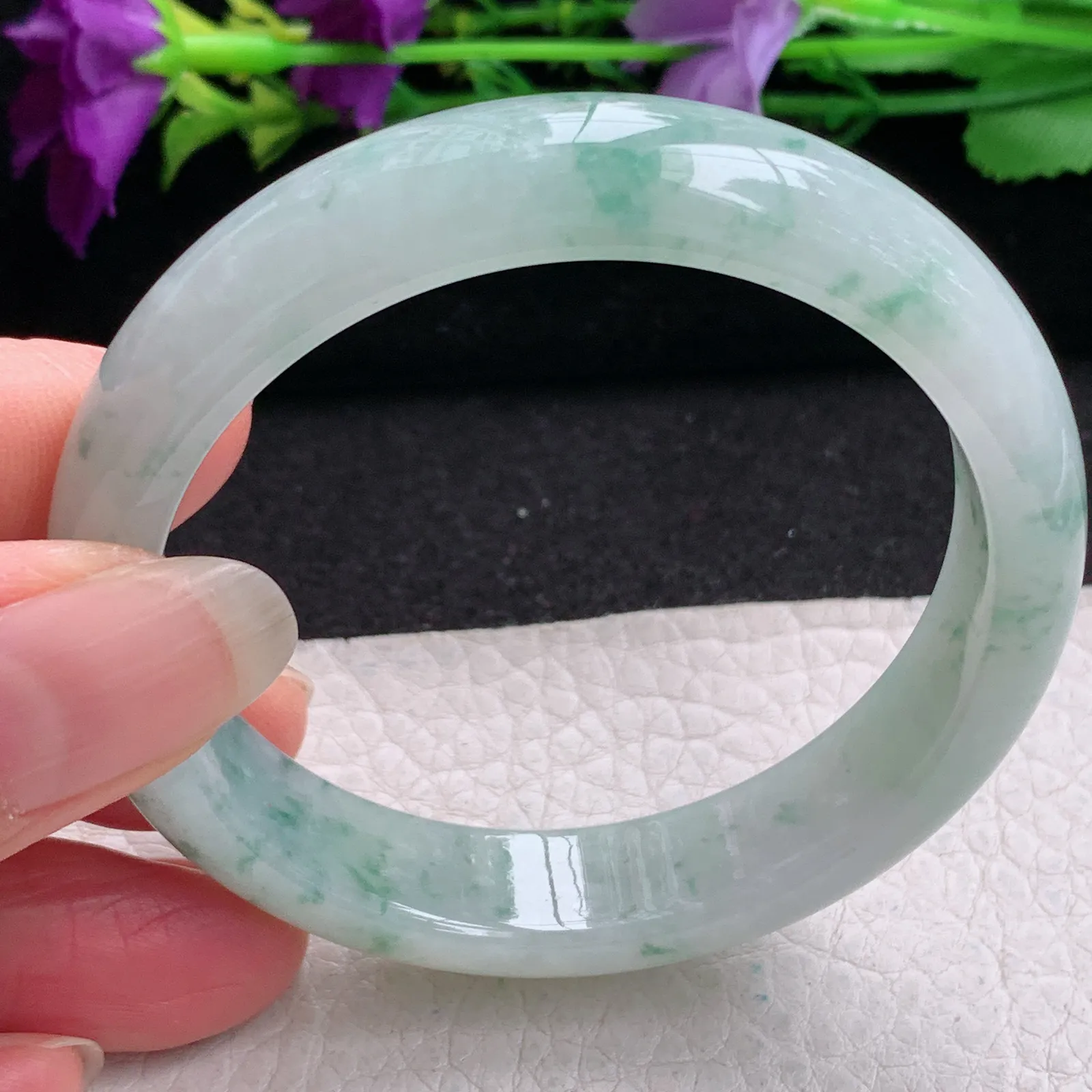 ll小圈口53*12.3*7平安镯 缅甸翡翠精美冰飘秀气宽边玉手镯 玉手环