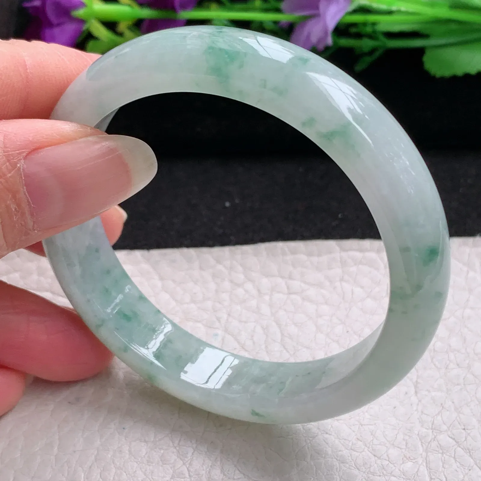 ll小圈口53*12.3*7平安镯 缅甸翡翠精美冰飘秀气宽边玉手镯 玉手环