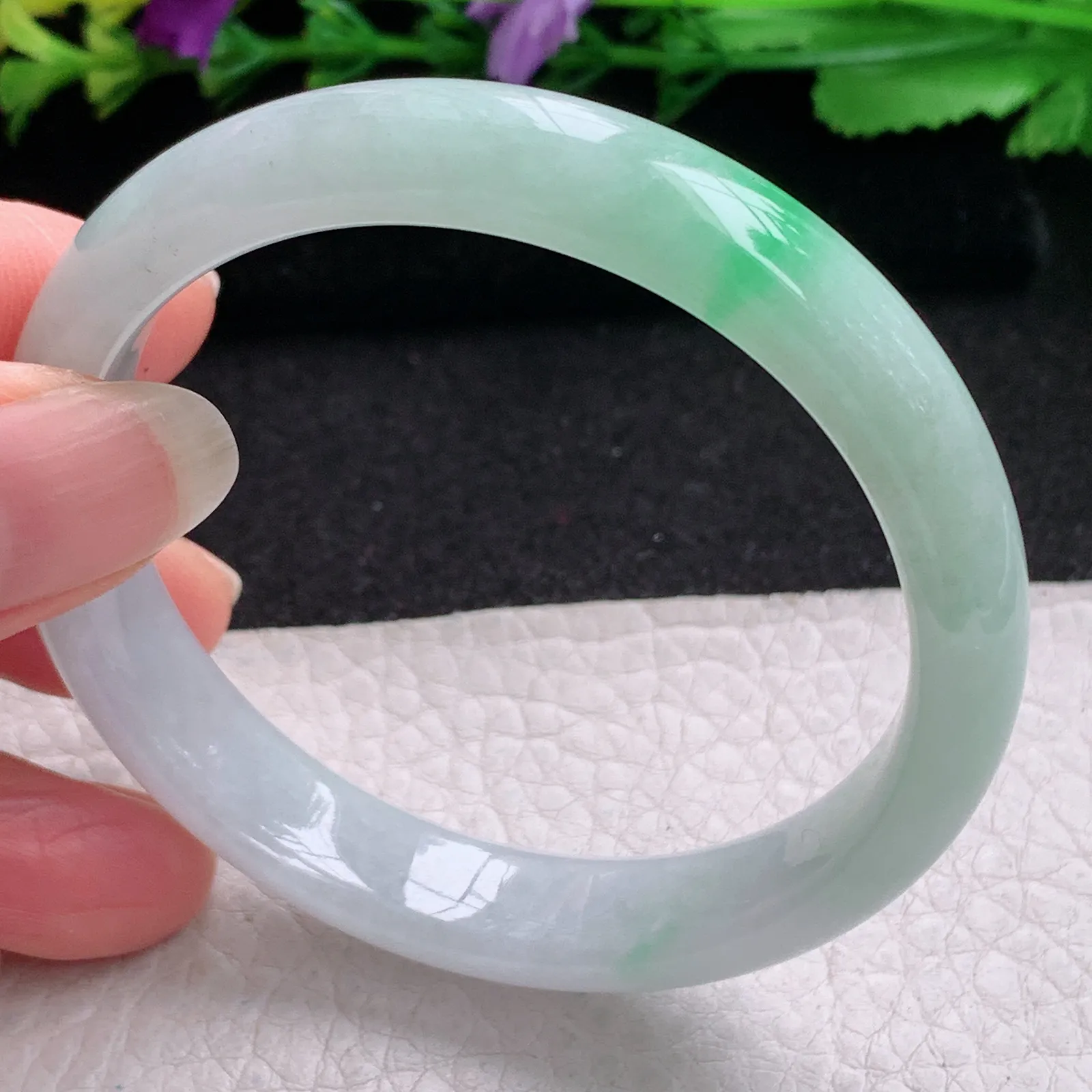 js实拍54.5*11.5*6.8平安镯 缅甸翡翠精美冰飘绿花宽边玉手镯 玉手环