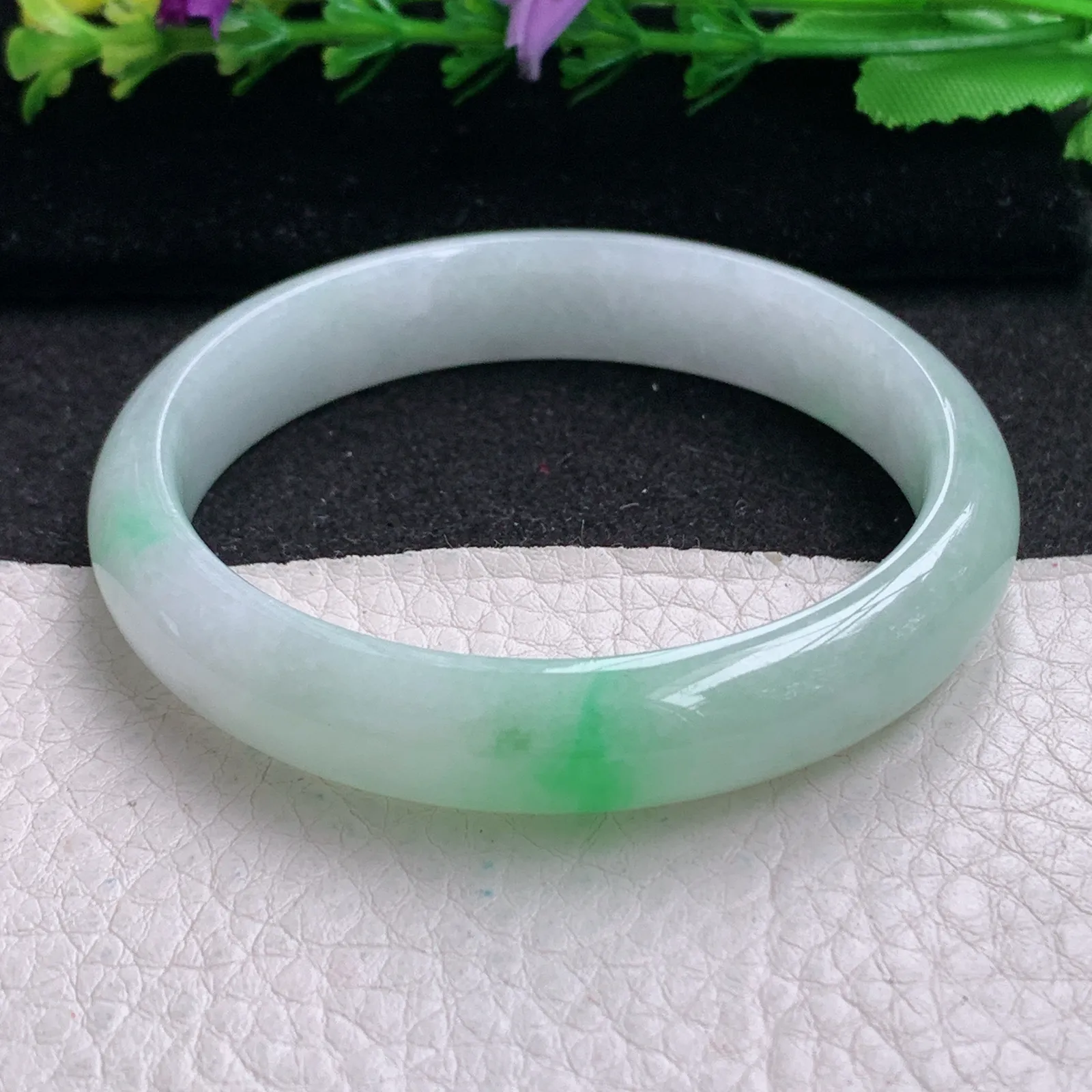 js实拍54.5*11.5*6.8平安镯 缅甸翡翠精美冰飘绿花宽边玉手镯 玉手环