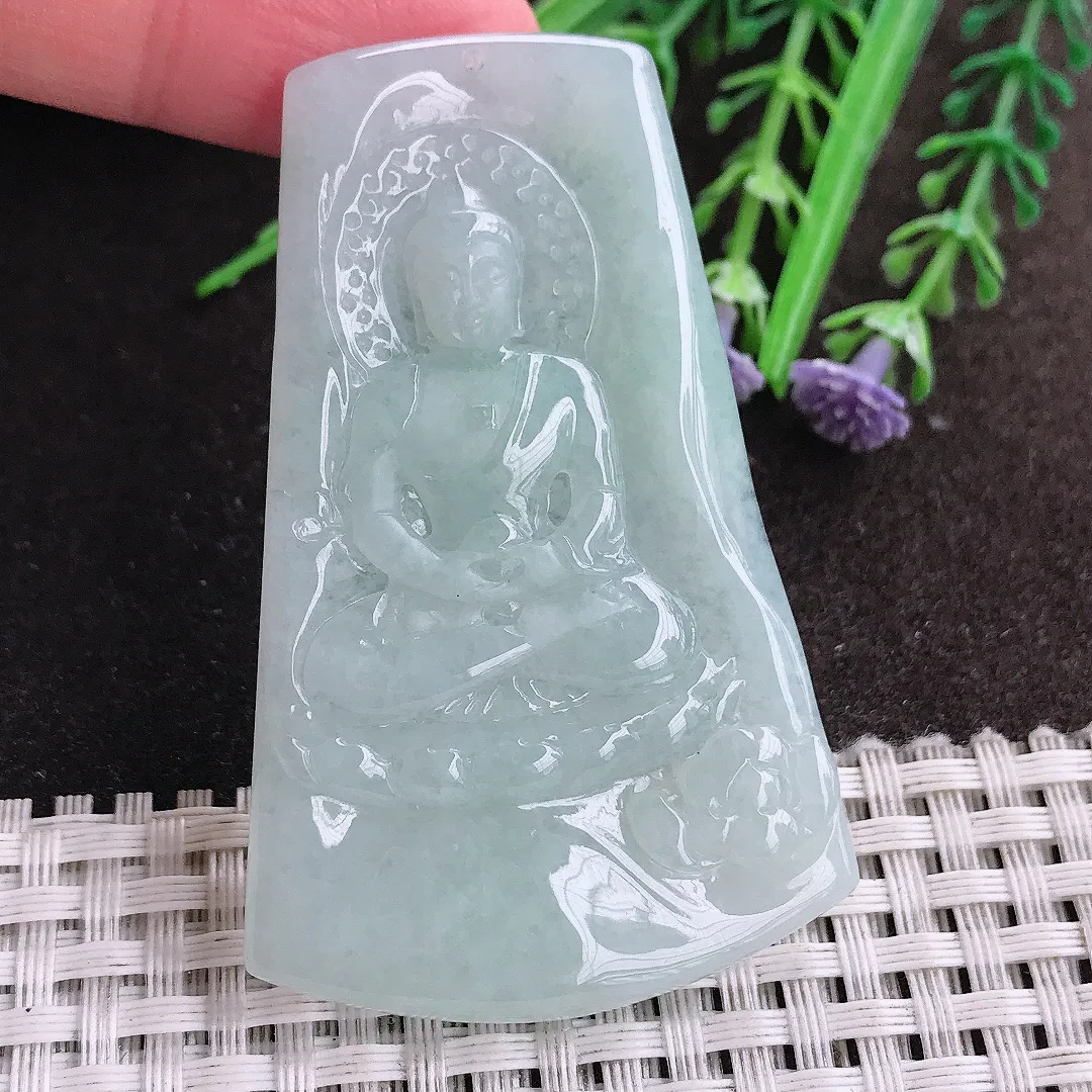 实拍A货翡翠62.8/40/4.5老坑秀气冰润大日如来佛祖吊坠翡翠玉牌挂件