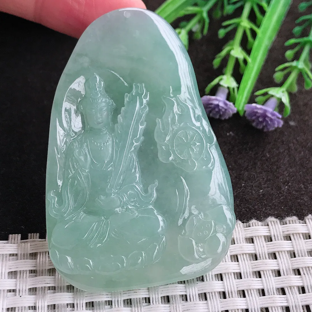 实拍A货翡翠60.6/41.8/6老坑冰胶水灵冰晴绿文殊菩萨吊坠翡翠观音玉牌挂件