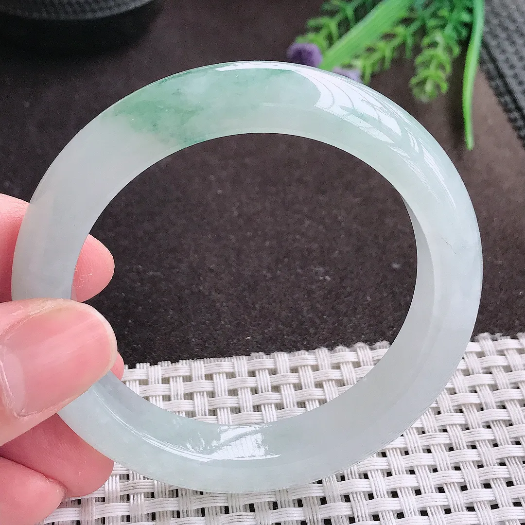 实拍A货翡翠58/11.8/9老坑冰胶果冻水灵飘花手镯宽边翡翠玉镯