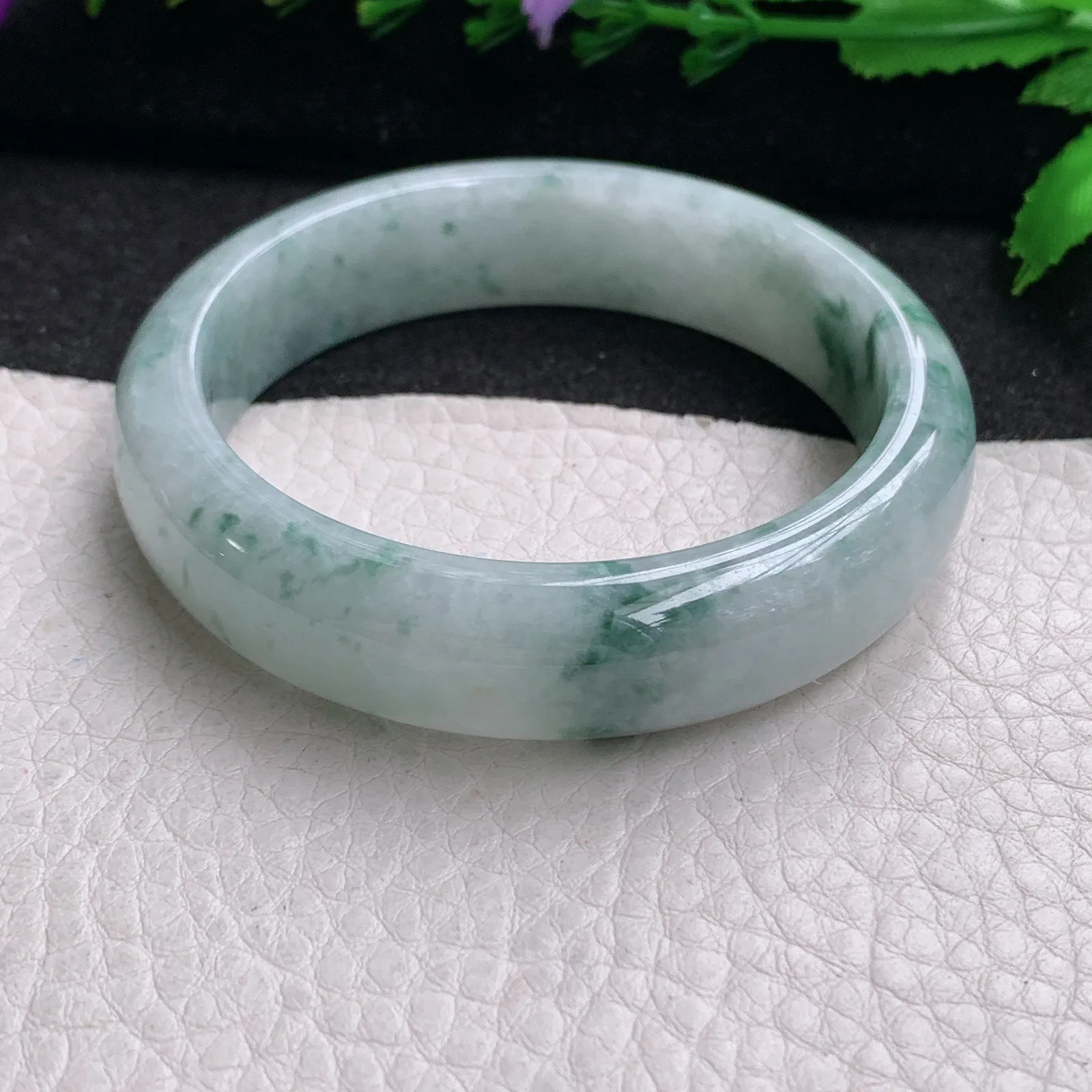 ll实拍53.3*13.8*7.5平安镯 缅甸翡翠精美飘花水润宽边玉手镯 玉手环