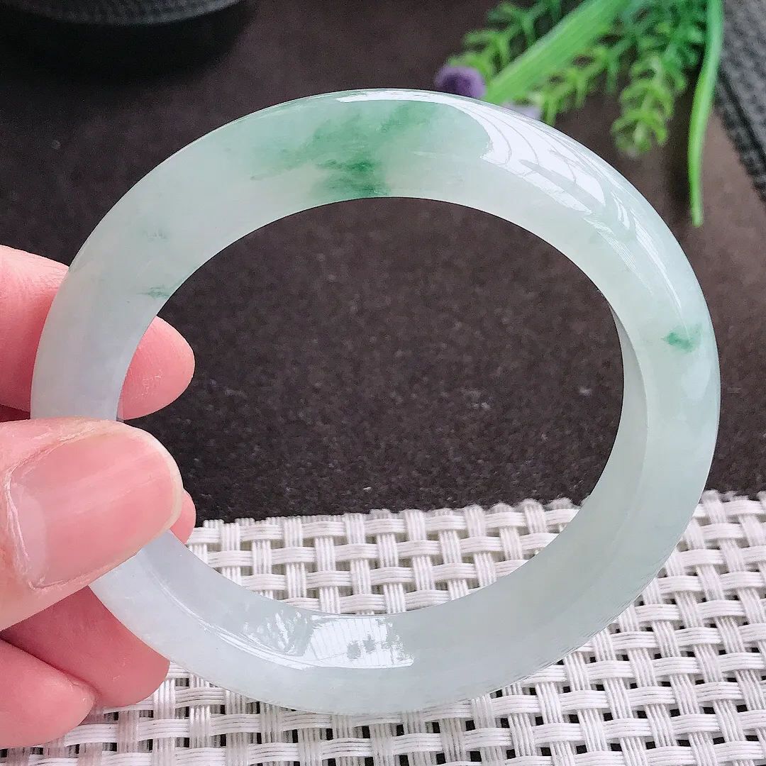 实拍A货翡翠58/11.8/9老坑冰胶果冻水灵飘花手镯宽边翡翠玉镯