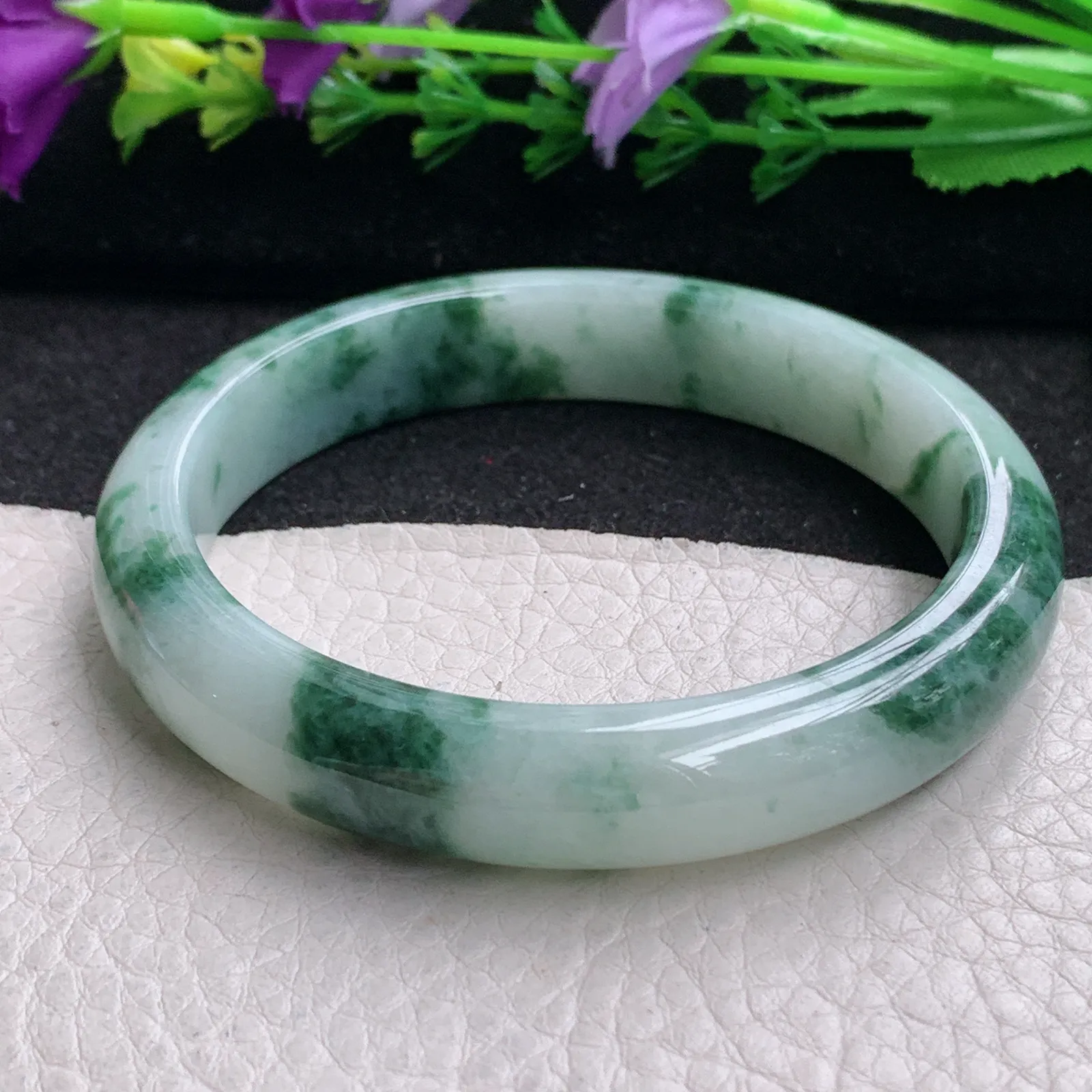 ll实拍59*11.8*7.8平安镯 缅甸翡翠精美冰飘花水润宽边玉手镯 玉手环