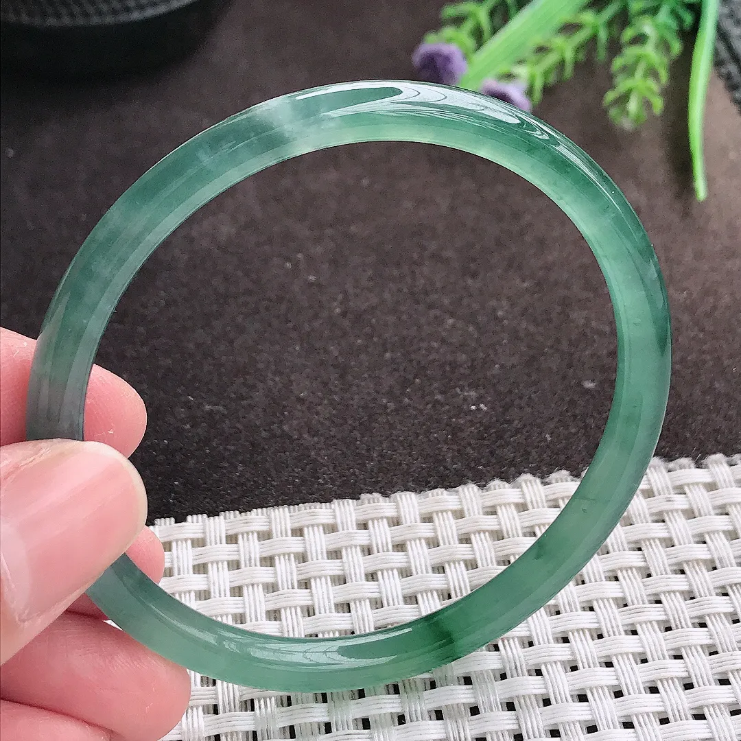 实拍A货翡翠58/5.8老坑冰胶水灵满色蓝韵手镯圆条翡翠玉镯叮当镯