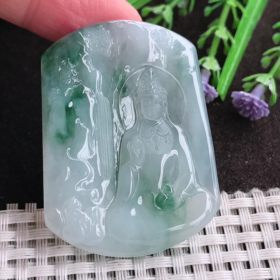 实拍A货翡翠50.6/37.8/5.5老坑冰润起胶冰飘花山水观音吊坠翡翠玉牌挂件